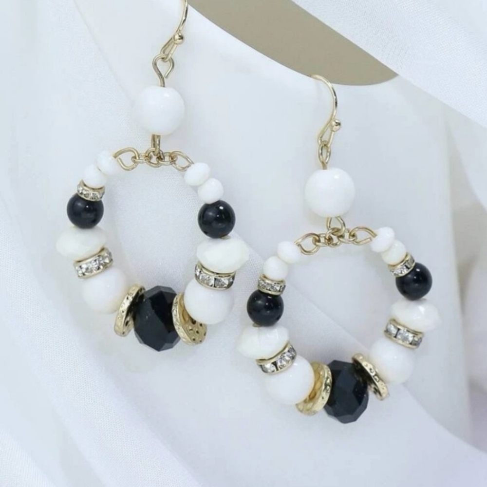 Black & White Beaded Hoop Earrings